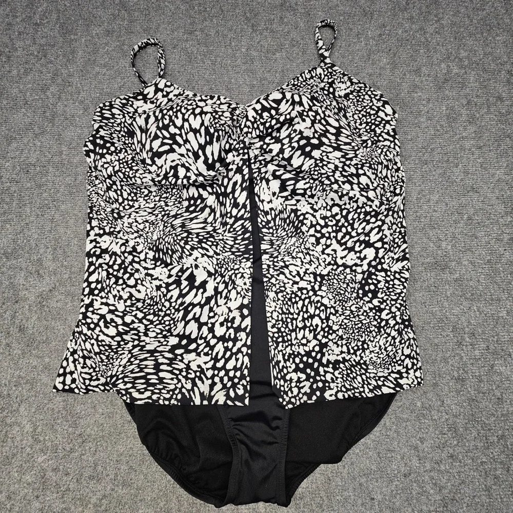 Swim Solutions Fauxkini Women 24W Blck White Animal Print Tummy Control Swimsuit